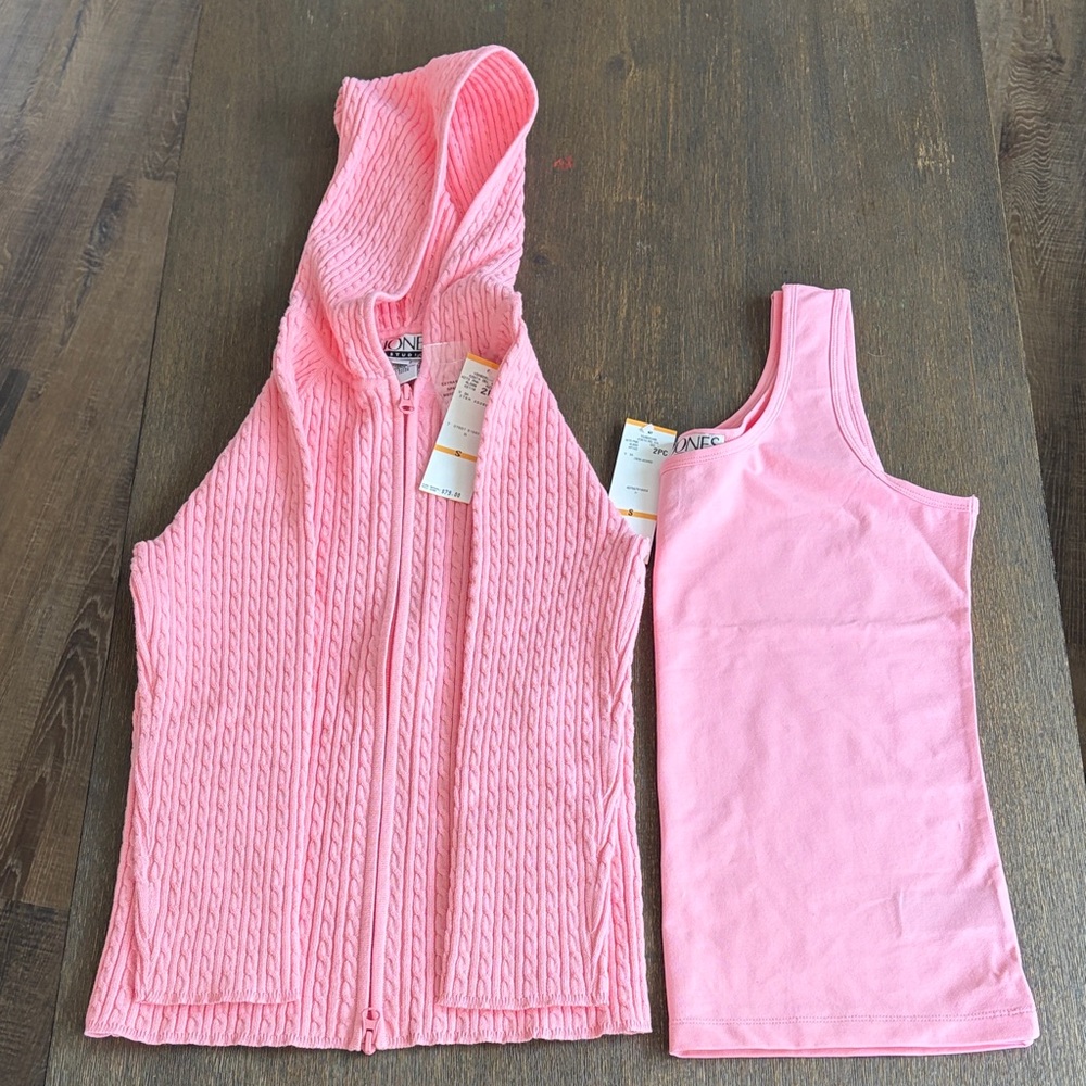 Jones Studio Stretch 2-Piece Pink Hooded Sweater and Tank Set - Size Small